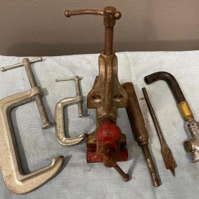 Vintage vise, clamps and other items
