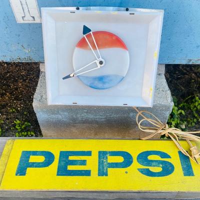 Lot 3: Vintage Electric Pepsi Clock & Wood Sign