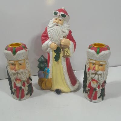 Ceramic Santa with two matching Santa candle stick holders