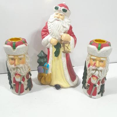 Ceramic Santa with two matching Santa candle stick holders