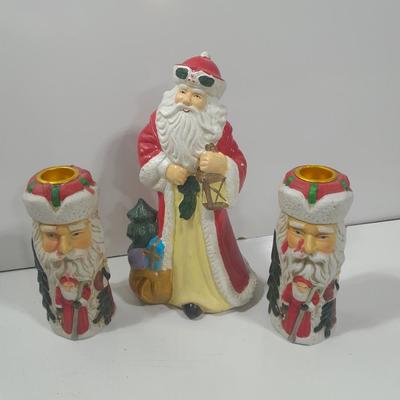 Ceramic Santa with two matching Santa candle stick holders
