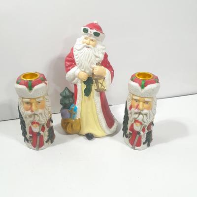 Ceramic Santa with two matching Santa candle stick holders