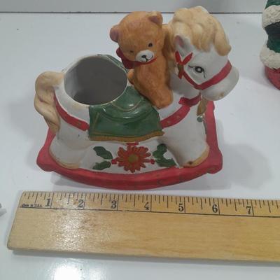 Hand Painted Santa and a ceramic rocking horse planter with teddy bear