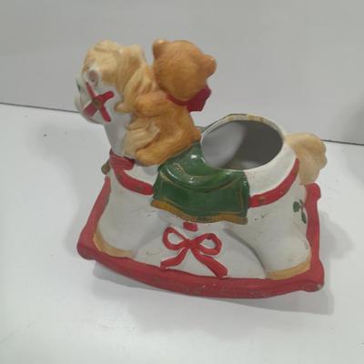 Hand Painted Santa and a ceramic rocking horse planter with teddy bear