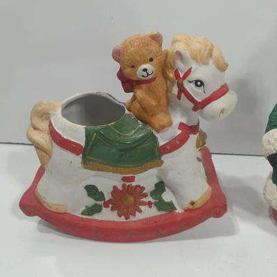 Hand Painted Santa and a ceramic rocking horse planter with teddy bear