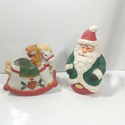 Hand Painted Santa and a ceramic rocking horse planter with teddy bear