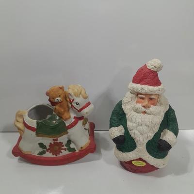 Hand Painted Santa and a ceramic rocking horse planter with teddy bear