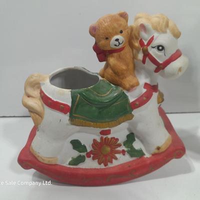 Hand Painted Santa and a ceramic rocking horse planter with teddy bear