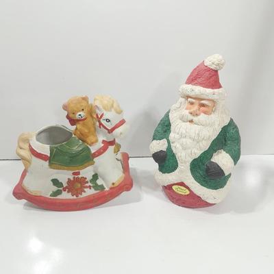 Hand Painted Santa and a ceramic rocking horse planter with teddy bear