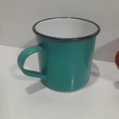 Four Colorful enamel ware metal mugs