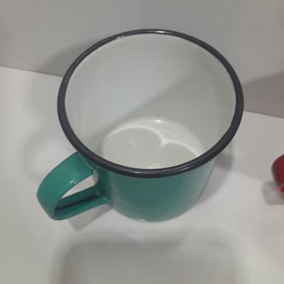 Four Colorful enamel ware metal mugs