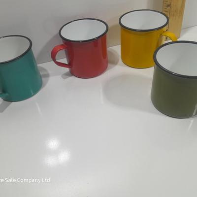 Four Colorful enamel ware metal mugs