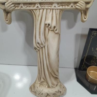 Vintage chalkware cross with last supper and a candle holder