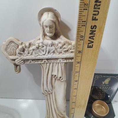 Vintage chalkware cross with last supper and a candle holder