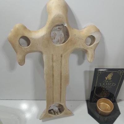Vintage chalkware cross with last supper and a candle holder