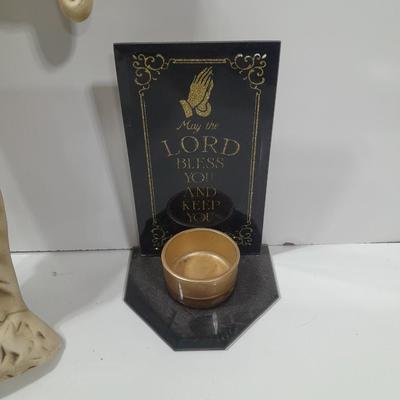 Vintage chalkware cross with last supper and a candle holder