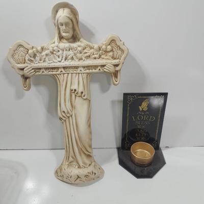 Vintage chalkware cross with last supper and a candle holder