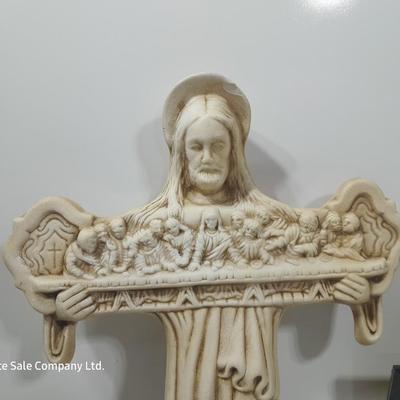 Vintage chalkware cross with last supper and a candle holder