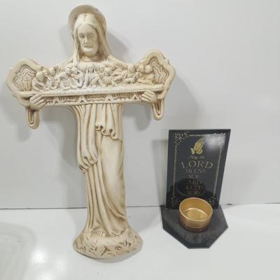 Vintage chalkware cross with last supper and a candle holder