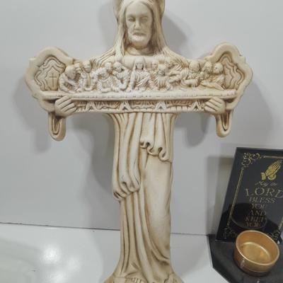 Vintage chalkware cross with last supper and a candle holder