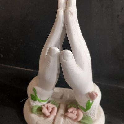 Porcelain praying hands with small ring box with religious angel on top