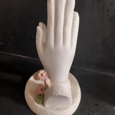 Porcelain praying hands with small ring box with religious angel on top