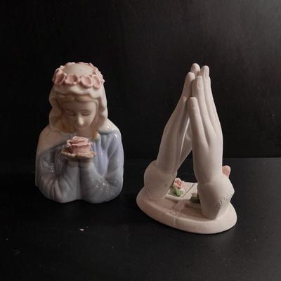 Porcelain praying hands with girl with flowers in her hands