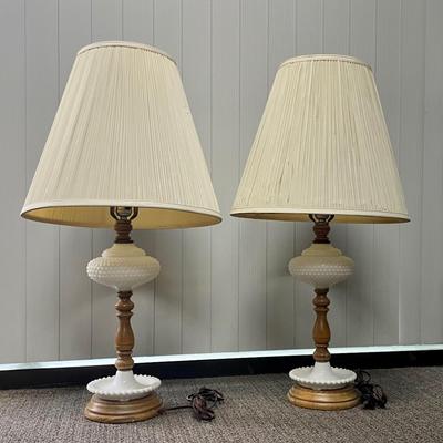 Pair of Vintage Mid Century Textured Hobnail Style Milk Glass Lamps