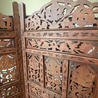 Vintage Wooden Folding Room Divider Partition Hinged Moroccan Style Carved Rose Wood