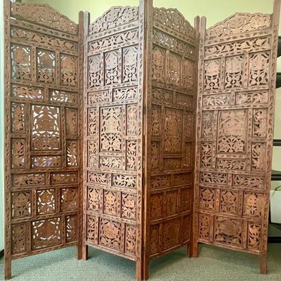 Vintage Wooden Folding Room Divider Partition Hinged Moroccan Style Carved Rose Wood