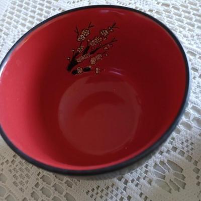 6 Oriental Black Bowls With Hand Painted White Blossoms