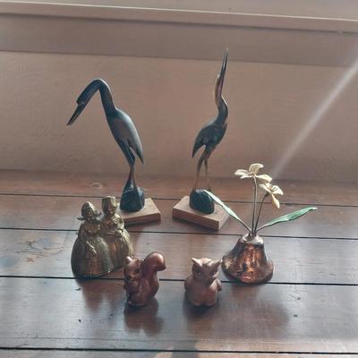 HAND CARVED WOODEN CRANES, BRASS BELL, AND MORE