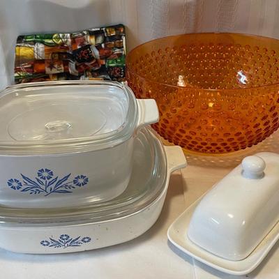 Vintage, corning, ware, butter, dish,, plastic orange bowl