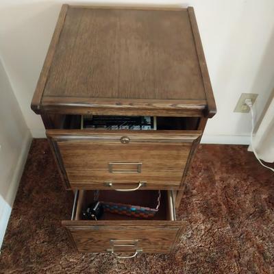 2 DRAWER WOODEN FILING CABINET WITH SOME OFFICE SUPPLIES