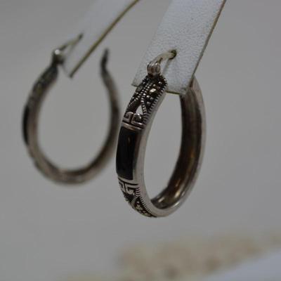 925 Sterling Oval Hoop Earrings with Onyx & Marcasite 8.3g
