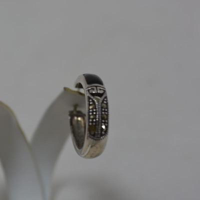 925 Sterling Oval Hoop Earrings with Onyx & Marcasite 8.3g