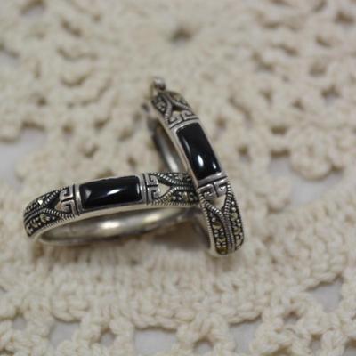 925 Sterling Oval Hoop Earrings with Onyx & Marcasite 8.3g