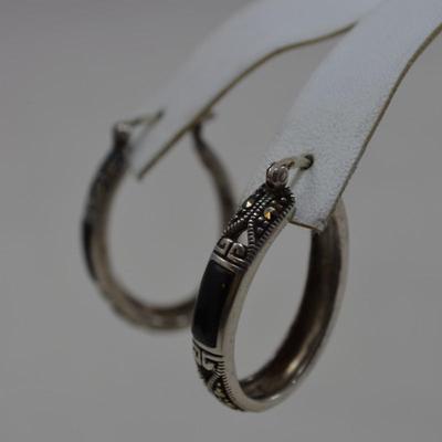 925 Sterling Oval Hoop Earrings with Onyx & Marcasite 8.3g