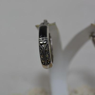 925 Sterling Oval Hoop Earrings with Onyx & Marcasite 8.3g