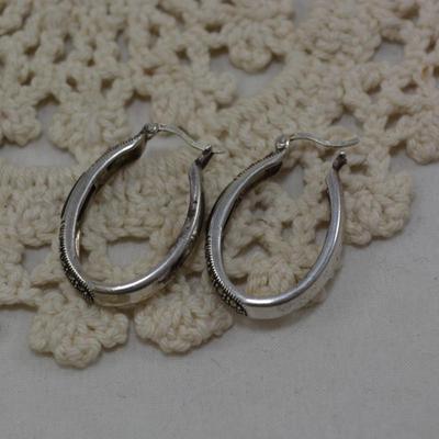 925 Sterling Oval Hoop Earrings with Onyx & Marcasite 8.3g