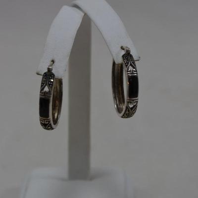 925 Sterling Oval Hoop Earrings with Onyx & Marcasite 8.3g