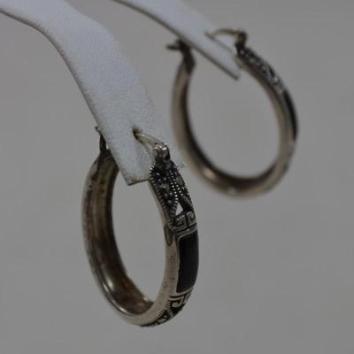 925 Sterling Oval Hoop Earrings with Onyx & Marcasite 8.3g