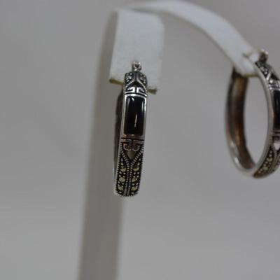 925 Sterling Oval Hoop Earrings with Onyx & Marcasite 8.3g