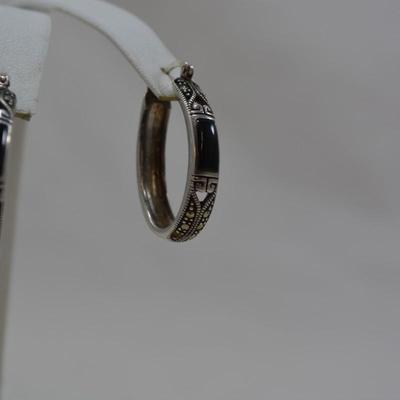925 Sterling Oval Hoop Earrings with Onyx & Marcasite 8.3g