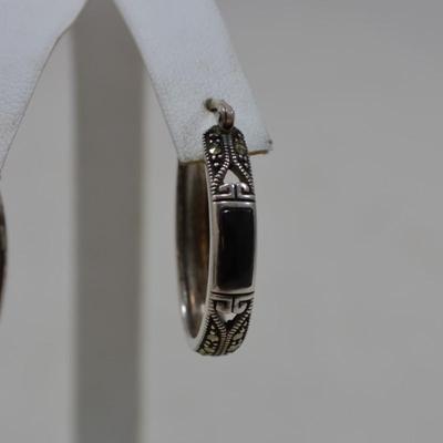 925 Sterling Oval Hoop Earrings with Onyx & Marcasite 8.3g