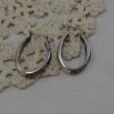 925 Sterling Oval Hoop Earrings with Onyx & Marcasite 8.3g