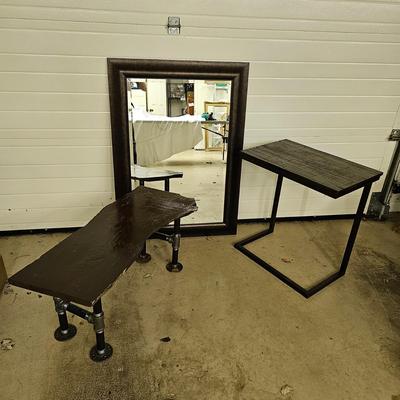 Dark Frame Mirror, Sofa Side Table & Rustic Coffee Table.  (G-JS)