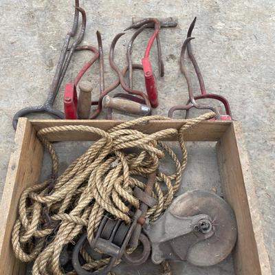 Vintage hay bale hooks and pulley