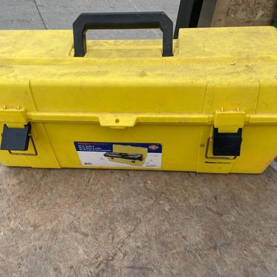 Yellow plastic tool box and tools