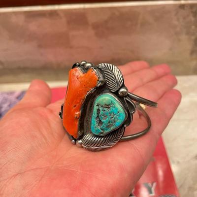 Native American Turquoise and Coral Silver Bracelet & Book (PC2-SS)